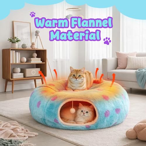 Cat Tunnel Bed for Indoor Cats, Cute Cat Tunnel Toy with Washable Cushion, Fits Cats up to 25 lbs, Peekaboo Cave Pet Bed for Kittens, Rabbits, Blue Purple Donut - color: Blue Purple