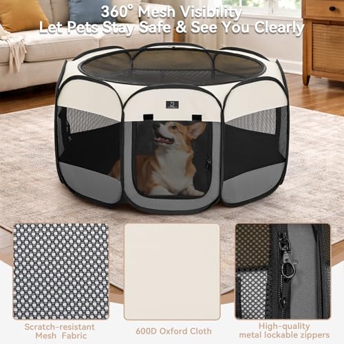 A 4 Pet 40.55-in Dog Playpen, Small Dogs & Puppies, Grey+Beige | Includes bowl, waterproof floor, pop-up design, home/travel/outdoor use - color: Grey+Beige, size: M(40.55"x40.55"x20.5")