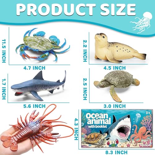 MOEAWS 20 Pcs Ocean Animal Toys withBooklet, Mini Sea Creature Figures | Plastic Sea Animal for Kids Age 3+, Birthday Gift, Ocean Theme Party Favor, Water Bath Toy for Toddler