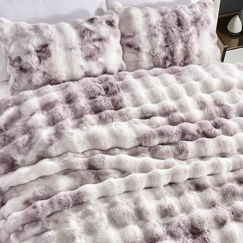 Fredsure Faux Rabbit Fur Comforter Set, 3 Pieces Tie Dye Purple King, Faux Rabbit Fur Face and Microfiber Reverse - color: Tie Dye Purple, size: King