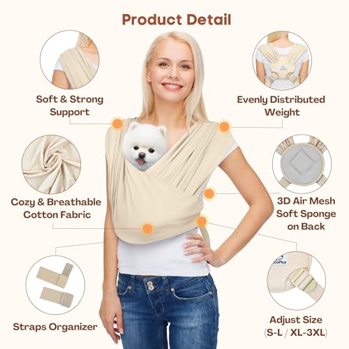 Small Dog Sling Carrier, Hands-Free, Beige, Regular | Patented Front Carrier Reduces Back and Neck Strain; Adjustable, Soft Cotton, 3D Air Mesh for Puppies & Cats up to 20 lb - color: Beige, size: Regular