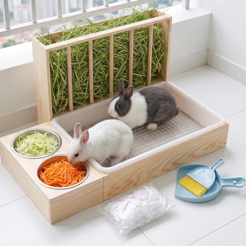 3-in-1 Rabbit Litter Box with Hay Feeder, Wooden Bunny Feeding Station | chew-resistant solid wood，deep litter box，Easy to Clean，for Guinea Pigs, Chinchillas, Hamsters, Ferret and Other Small Animal