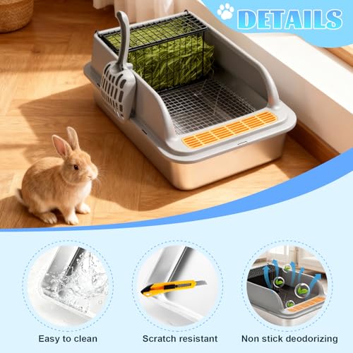 Stainless Steel Rabbit Litter Box w Hay Feeder and Litter Scoop, 23.62 x 15.75 x 7.9 Inch Large Litterboxes w Raised Grid, High Sided Kiter (XX-Large) - size: XX-Large
