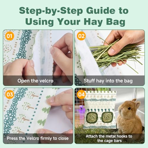 Rabbit Hay Bag 2 Pack - 2 Holes Hanging Bunny Hay Feeder Holder with Metal Hooks, Oxford Cloth Guinea Pig Feeding Bag Storage for Chinchillas Hamsters and Small Animals (White Green) - color: White Green