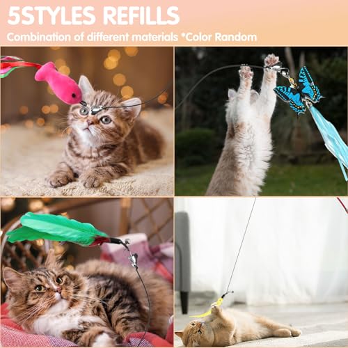 Retractable Cat Toy Wand 12 Packs Interactive Cat Feather Toys | , 9 Assorted Teaser Refills with Bell for Kitten (Pink) - size: 12 PCS