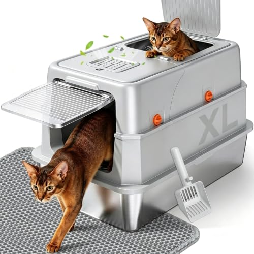 Q5 Stainless Steel Litter Box (Light Grey, X-Large) | Enclosed Litter Box with Leak-Resistant Design, High Sides, Front Entry and Top Exit; Odor Control, Scoop and Mat Included - color: Light Grey