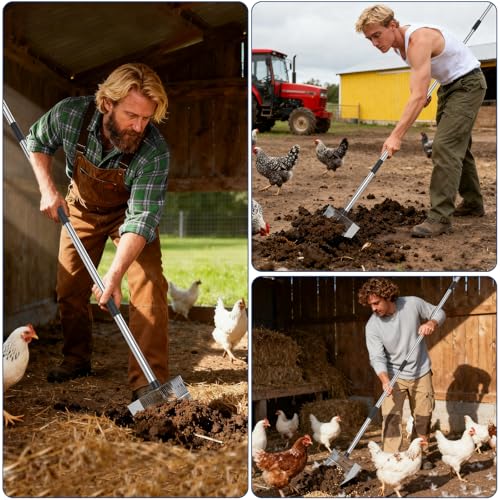 Metal Chicken Coop Scoop,With 31–75" Adjustable Stainless Steel Long Handle | 31–75" Adjustable Long Handle Pooper Scooper, Perfect for Chicken Coops, Duck Houses & Animal Farm Bedding Cleaning (Black)