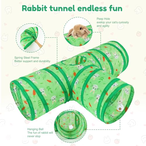 BWOGUE Bunny Tunnels & Tubes Collapsible 3 Way Bunny Hideout Small Animal Activity Tunnel Toys for Dwarf Rabbits Guinea Pigs Kitty - color: Green