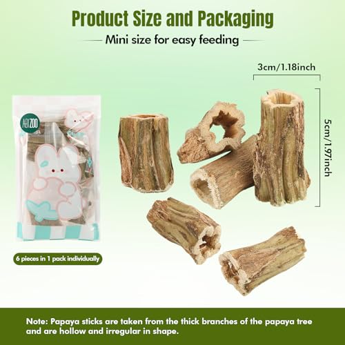 Abizoo Natural Bunny Chew Toys,6 Pcs Organic Papaya Wood Sticks Chew Toys for Rabbit,Hamster,Guinea Pig,Chinchilla,Gerbil,Rat Healthy Chews Teeth Grinding Treats, Squirrel Molar Snack - size: S