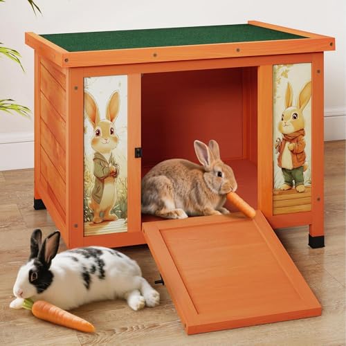 COZIWOW 24 Inch Rabbit Hutch Outdoor, Weatherproof Cat House, Bunny Cage Indoor with Non-Slip Ramp, Portable Wooden Shelter for Rabbits, Feral Cats, Chicken, Duck & Other Small Animals (Orange) - color: Orange w/printing