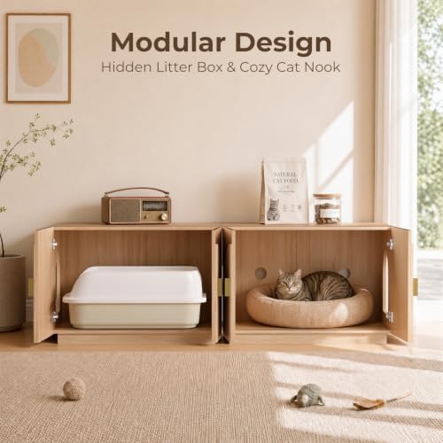 Amunrbrek Cat Litter Box Enclosure Furniture, 31.5" Arched Fluted Cabinet - color: Natural