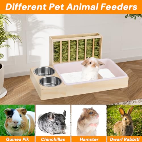 3-in-1 Wooden Rabbit Hay Feeder with Litter Box for Rabbits & Small Pets | Sturdy Wooden Hay Feeder Set for Guinea Pigs, Chinchillas, Hamsters, Ferret and Other Small Animal