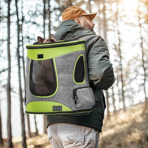 Petsfit Pet Backpack Carrier Easy-Fit Dog Travel Backpack Carrier for Hiking Walking Cycling Suitable for Small Medium Dogs Cats and Rabbits up to 22 Pounds, Green | 13.5 x 12.5 x 17.5 in; reinforced frame, 600D Oxford, 4 mesh panels, lockable zippers, sa
