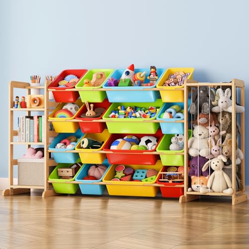 Toy Storage Organizer with Bookshelf and Stuffed Animal Storage - Playroom Organization with Shelves and 16 Bins - Living Room Box for Lego - Nursery Bedroom Decor Essential - color: multicolored, size: 67"W,3 Shelves,16 Bins