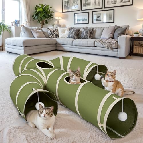 Ownpets Cactus Cat Tunnel 12" with Peek Holes for Indoor Large Cat, Green | Durable Oxford fabric, noise-free, foldable & connectable, multi-cat friendly, tube for cats up to 20lb, includes ball & wand - size: 12 Inches in Diameter