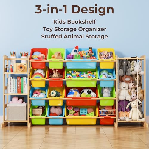 Toy Storage Organizer with Bookshelf and Stuffed Animal Storage - Playroom Organization with Shelves and 16 Bins - Living Room Box for Lego - Nursery Bedroom Decor Essential - color: multicolored, size: 67"W,3 Shelves,16 Bins