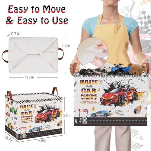 Race Car Toy Storage Basket, Collapsible Kids Laundry Hamper with Parking Sign, Car Themed Storage Organizer Bin for Boys Room, Nursery, Bathroom-36L Tire Toy Box - color: Red