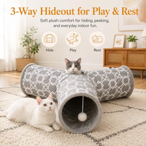 Geometric 3 Way Cat Tunnel with Plush Inside,Cats Toys Collapsible Tunnel Tube with Balls, for Rabbits, Kittens, Ferrets,Puppy and Dogs - size: 3 Way Tunnel