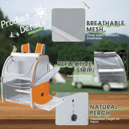 Sanmoncare Bird Backpack Carrier, Water Repellent Fabric Cockatiel Travel Bag with Stand, Lightweight and Portable Travel Cage for Parrot, Bird Travel Carrier,Orange - color: Orange