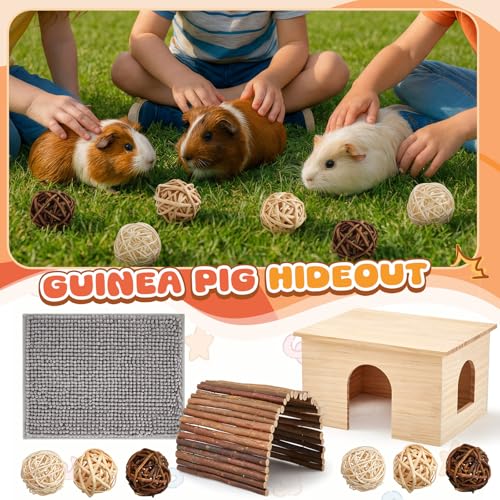 9 Pcs Wood House Guinea Pigs Hut Hideout with Rolling Chew Toys for Small Animals Accessories, Toys, and Supplies Guinea Pig Liner Washable Cage Liner Guineapig Habitat Cage Accessories