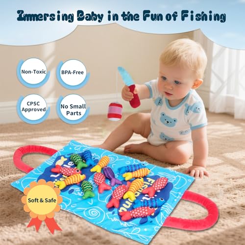 Baby Montessori Sensory Toy 6-18 Months, Ocean Soft Cloth Activity Toy | Fishing Game with Stacking Cups & Color Sorting, Educational Early Learning Toys for Infants, Birthday Gift for Boys Girls