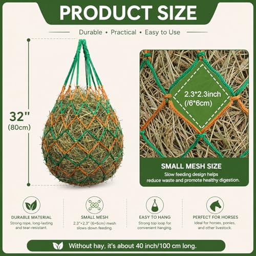 Slow Feed Hay Bags for Horses 3 Pack 2.3inch Hay Nets | For Sheep Goats, Slow Feeder for Stall & Trailer, For Sheep & Cattle, Sturdy