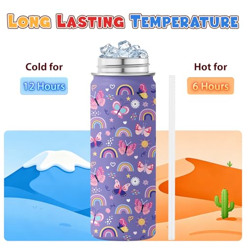 Butterfly Gifts - 18oz Purple Kids Water Bottle with Straw Lid, Stainless Steel Insulated Bottle, Leakproof, BPA-Free, for Girls, School, Travel - Butterfly Rainbow Themed Birthday Gift Cup (1pc) - color: Butterfly1, size: 18 Ounces