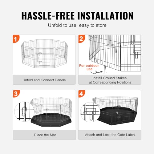 VEVOR Foldable Metal Dog Exercise Pen, Pet Playpen Dog Fence for Camping with Bottom Pad, 24" H 8 Panels, Puppy Crate Kennel Indoor Outdoor for Small & Medium Dogs, Both for Home & Yard Use - size: 8 panels 24*24in, style: Playpen + Bottom Pad