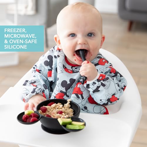 Bumkins Disney Mickey Mouse Bowl, Silicone First Feeding Set with Suction, Includes Spoon, Training Essentials for Baby-Led Weaning, Toddler Self-Feeding, Babies Eating at 4 Mos Up, Black - color: D3 Mickey Mouse-Blk, style: Disney