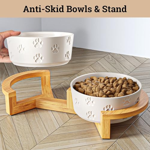 Ceramic Dog Bowl Set of 2, Anti-Skid Bamboo Stand, Elevated, 3.8 Cups Each | Thick Ceramic Food and Water Bowls Set of 2, Dishwasher Safe, Anti-Skid Rubber Base, 3.8 Cups per Bowl, Sturdy Bamboo Stand - color: White with Stand, size: Medium