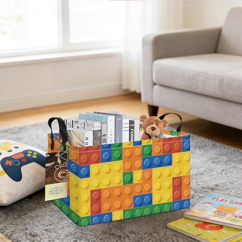 Rectangle Foldable Storage Basket Handles For Home, Colorful Blocks | Waterproof canvas material, reinforced handles, perfect for shelf use, organizes clothes, daily items and pet supplies - color: REC-Colorful Blocks