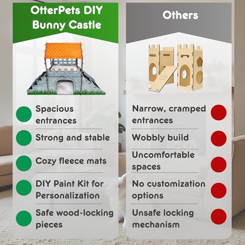 OtterPets XL Bunny Hideout, Rabbit Castle with Fleece Mats & DIY Paint Kit | Pet-safe wood joints (no rubber bands), rabbit hideout made of safe wood, bunny house indoor; chinchilla and guinea pig safe - color: DIY Paint Kit
