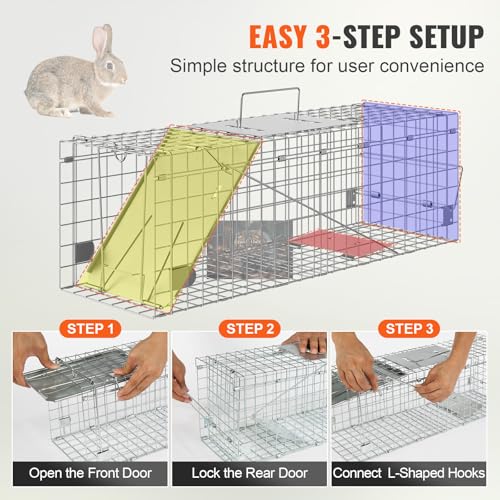VEVOR Live Animal Cage, 24" x 8" x 8" Humane Cat Cage Galvanized Iron, Folding Animal Cage with Handle - size: 24" x 8" x 8"