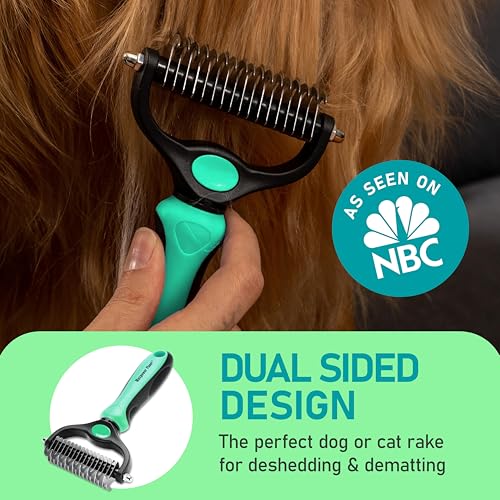 Maxpower Planet Hair Brush - Double Sided Shedding, Dematting Undercoat Rake for Dogs and Cats - Extra Wide Dog Grooming Brush, Reduce Shedding by 95%, Turquoise | Turquoise, Undercoat Rake, Detangling Comb, 9/17-Teeth Dual-Sided, Cats, Anti-Slip Handle,
