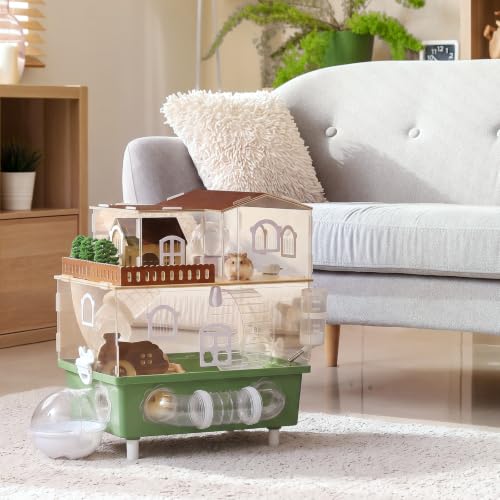 Acrylic Hamster Cage Clear Hamster Habitat with Running Wheel & Hideout | 2-Tier Hamster House with Tubes and All Accessories, Easy to Clean, Suitable for Small Hamsters, 13.3''* 9.8''* 17.4'', Green - color: Green