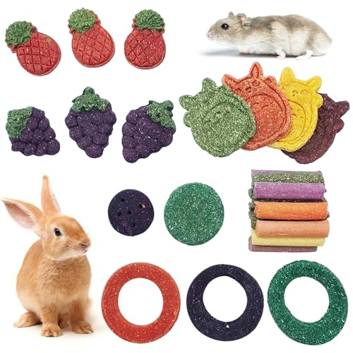 Fhiny 27 PCS Rabbit Chew Toys for Teeth, Natural Bunny Treats，Chinchillas Snack Food Small Animal Molar Toys for Guinea Pigs Mice Gerbils Made of Timothy Grass Pumpkin Beets Purple Potatoes Carrot