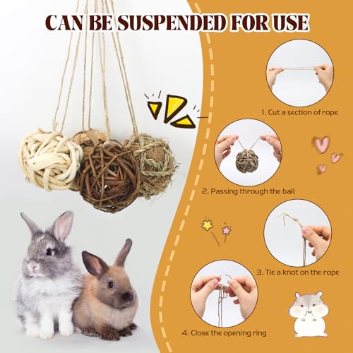 17 Pcs Bunny Chew Grass Balls, Hangable Natural Handmade Enrichment Toys for Teeth Grinding, Enrichment Treats for Rodents Rabbits Guinea Pigs Chinchillas Hamsters Mice, Rolling Chew Toys (2.4")