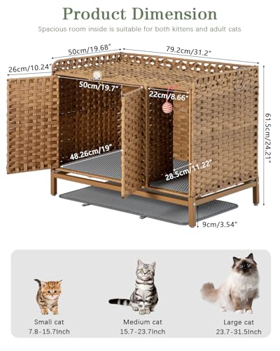 SETVSON Litter Box Enclosure Furniture with Divider, Cat Cabinet, Natural | Handwoven PE Rattan with Soft Litter Mat, 3.54-In Heightened Metal Feet, 2 S-Hooks, 31.2 x 19.6 x 24.2 In Spacious - color: Natural