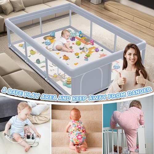 XVISHX Baby Playpen with Mat, 74 x 50 Inch Playpen for Babies and Toddlers, Baby Playard for Indoor & Outdoor Active Center Game Fence, with Skin-Friendly Fabric and Soft Breathable Mesh, Grey - color: Grey, size: 74 × 50 Inch + Mat