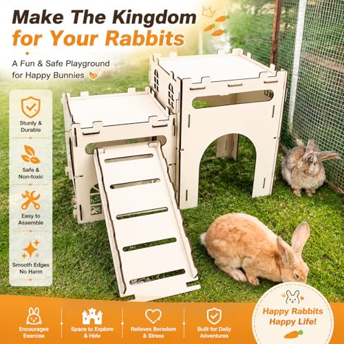Rypet Large Wooden Rabbit Castle, Bunny Castle Hideout with Stairs | 2 Detachable Houses with Stairs, Breathable Bunny Indoor Playhouse, Quick Assembly, For Guinea Pigs, Chinchillas, Ferrets