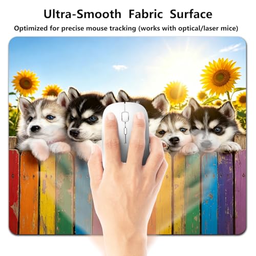 Playful Husky Puppies Mouse Pad, Sunflowers Joyful Summer Scene Desk Mat | 9.5"x 7.9", Adorable Dogs Pets Design, Cute Smooth & Anti-Slip Mousepad - color: Colorful Design Wknoon-Art 02