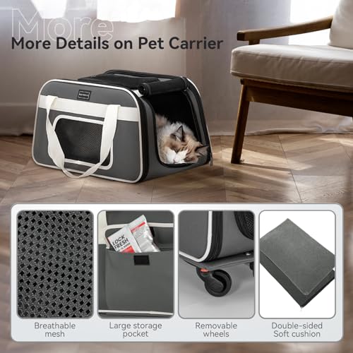 Petsfit Cat Carrier with Wheels, Removable Spinner Wheels, Up to 13 lb | Fits pets up to 15 L x 8 H in and 13 lb; removable spinner wheels, anti-sag frame, 4-sided mesh, safety tether and locks. - color: Medium Gray, size: 20.1"L x 12.2"W x 14.2"H
