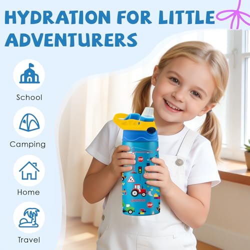Construction Gifts 12 oz Water Bottle with Straw – Kids Stainless Steel Vacuum Insulated Cup, Leakproof Pop-Up Spout, Reusable Travel Mug for Boys and Girls Outdoor Sports - Under Construction - color: Car1