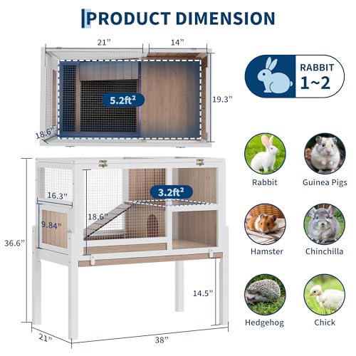 Garvee Wooden Guinea Pig Cage Indoor with Stand, 2-Story Rabbit Hutch Cage | 38" Hamster Hutch, Ramp & Hideout, Clear Vision, Leak-Proof Pull-Out Tray, Lockable Door, Bunny Habitat Grey - color: Grey