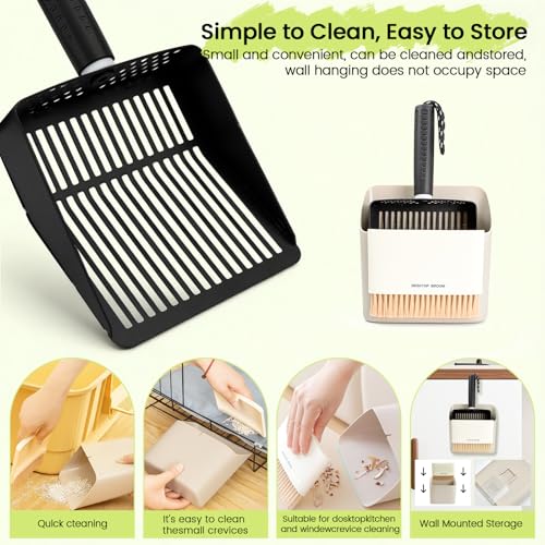 Cat Litter Scoop with Holder, Stainless Steel, Non-Slip Handle | Stainless steel litter scoop with holder captures clumps fast and includes a mini broom and dustpan for easy cleanup - color: Black