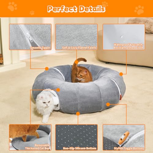 Cat Tunnel Bed for Indoor Cats 35.5 Inch XL Cat Donut Tunnels Grey | 2 in 1 Cat Tunnels for Indoor Cats Kitten Puppy Rabbit Pet Tunnel Toy with Washable Cushion Bed Grey