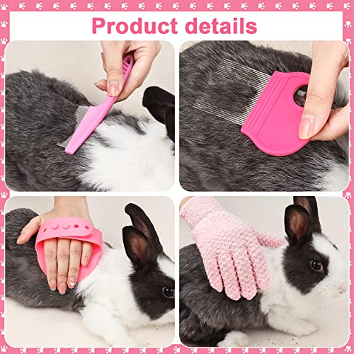 VCZONE Pink Small Animal Grooming Kit with Nail Clipper, Flea Comb, Shampoo Brush, Slicker Brush, Massage Glove for Rabbits - color: Pink