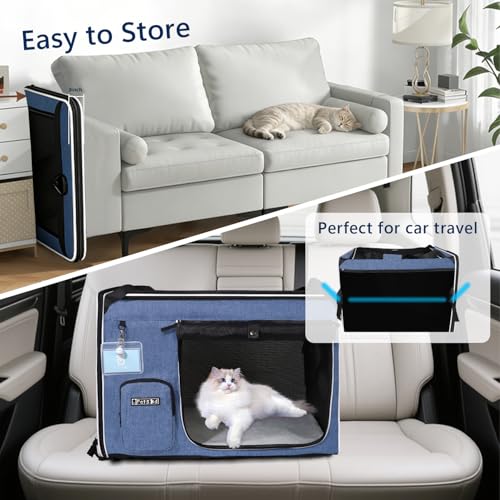 Extra Large Cat Carrier with Litter Box for Car Travel, Blue | 24"L x 17"W x 17"H, Lockable Safety Zippers and Seatbelt Loops, for 1 Medium-Large Cat or 2 Small Cats Under 55 lbs - color: Blue