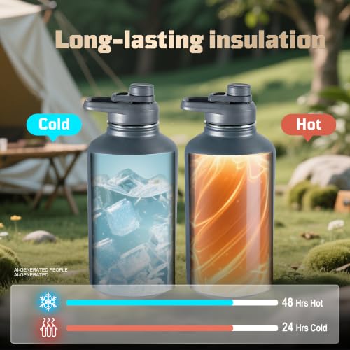 ONETIGRIS 64oz Tactical Insulated Water Bottle with 3 Lids & MOLLE Pouch | 48H Cold & 24H Hot Double Wall, 304 Stainless Steel Wide Mouth, BPA Free Leakproof Silicone Seal, Paracord Handle Easy Carry - color: Gray