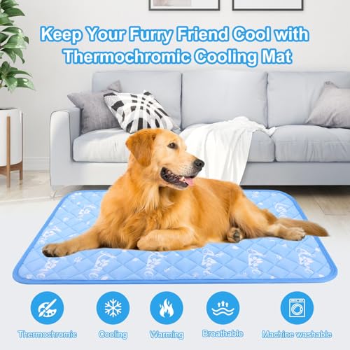 Dog Cooling Mat 48"x28" - Cool-Chill Cool Fiber,Double-Sided Cooling & Warm | Color-Changing Pet Cooling Pad for Dogs & Cats,Endothermic Summer Mat for Dogs & Cats,Foldable Washable, Blue - size: 48.0" Large x 28.0" W x 0.5" Th